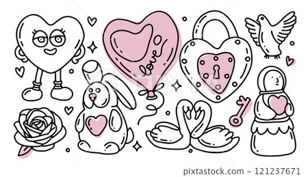 Valentine Day Hand Drawn Doodle elements Set. Love Holiday Cute Clipart for Valentines Day. Line Art Design Different Hearts, Presents, swans, dove, rose, bunny. Outline vector hand drawn illustration Valentine Day Hand Drawn Doodle elements Set. Love Holiday Cute Clipart for Valentines Day. Line Art Design Different Hearts, Presents, swans, dove, rose, bunny. Outline vector hand drawn illustration 121237671