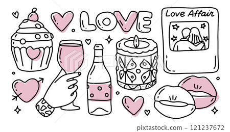 Cute hand drawn romantic doodle clipart, imperfect aesthetic of valentines day elements set. Linear vector illustration. Cute hand drawn romantic doodle clipart, imperfect aesthetic of valentines day elements set. Linear vector illustration. 121237672