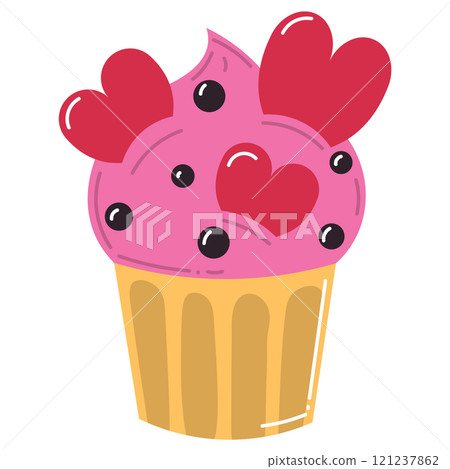 Cute pink cartoon cupcake with hearts and chocolate sprinkles in flat style. Happy Valentines day design element. Cute pink cartoon cupcake with hearts and chocolate sprinkles in flat style. Happy Valentines day design element. 121237862