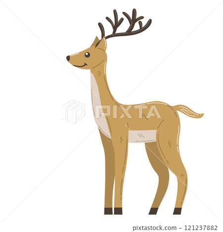 Cute cartoon happy deer with horns in flat style. Merry Christmas symbolic animal. 121237882