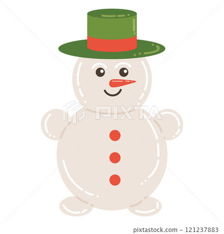Cute cartoon cheerful snowman with green hat in flat style. Happy winter holidays design element. 121237883