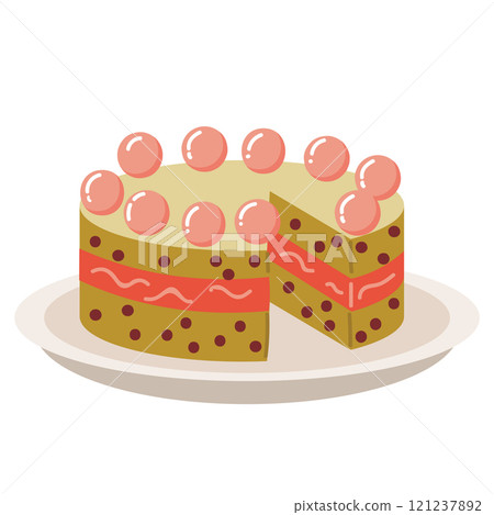 Cute cartoon Merry Christmas cake with little pink sweet balls in flat style. Biscuit cake with cream for Happy New Year celebration. Cute cartoon Merry Christmas cake with little pink sweet balls in flat style. Biscuit cake with cream for Happy New Year celebration. 121237892