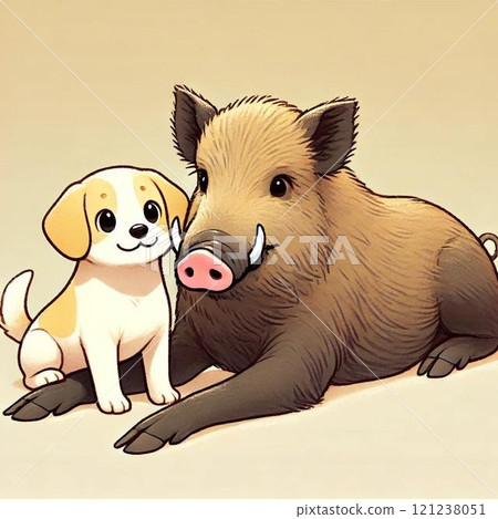 Friendly puppy and wild boar 121238051