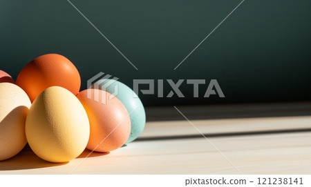 Brightly colored eggs on a dark background and side lighting 121238141