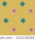 seamless pattern  with gifts and  golden  stars on a yellow  background for textile,fabric,packing 121238249