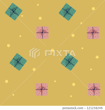 seamless pattern with gifts and golden stars on a yellow background for textile,fabric,packing seamless pattern with gifts and golden stars on a yellow background for textile,fabric,packing 121238249