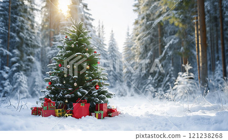 Christmas tree in snow is festively decorated. Christmas banner. Christmas mood. Celebration 121238268