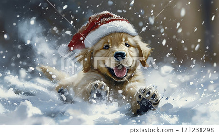Realistic illustration of a golden retriever puppy wearing a Santa hat rolling in the snow. Realistic illustration of a golden retriever puppy wearing a Santa hat rolling in the snow. 121238298