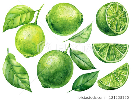 Watercolor lime set with green leaves, sliced citrus fruits botanical painting tropical illustration fresh food isolated Watercolor lime set with green leaves, sliced citrus fruits botanical painting tropical illustration fresh food isolated 121238330