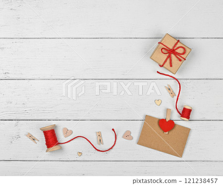 Preparing Valentine gifts on white table 121238457