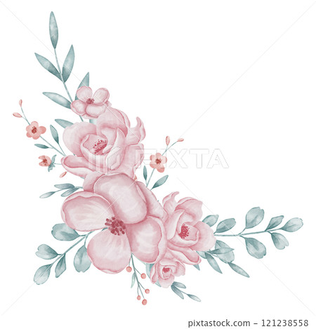 Watercolor Floral corner frame with pink Roses, green leaves, and delicate branches. illustration with Flowers for wedding invitations or baby shower cards. Soft pastel blooming bouquet for template. 121238558
