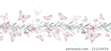 Watercolor Butterfly and Floral seamless Border in pastel pink and green tones. Illustration of pattern with flowers for childish greeting cards or baby invitations. Background for nursery wall art. 121238559