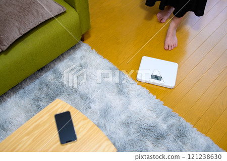 Woman weighing herself, feet on scale, concerned about weight, diet Woman weighing herself, feet on scale, concerned about weight, diet 121238630