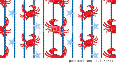 Coastal, sea life pattern cute red crabs, blue starfish with nautical, sailor style rope on white background 121238654