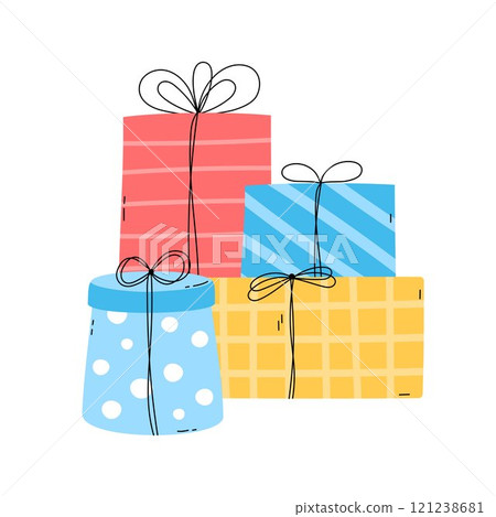 Gift boxes pile. Cute presents stack flat vector illustration. Wrapped gifts for birthday, Christmas, New Year or other holiday, celebration, event 121238681