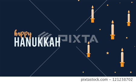 Happy Hanukkah Jewish Holiday Social Media Post Template.Hanukkah on blue horizontal background with holiday candles and stars.Design for Jewish Festival of light. Place for your text. 121238702