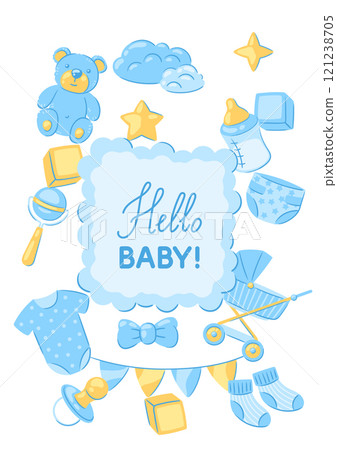 Baby shower greeting card. New born baby boy Happy Birthday. 121238705
