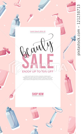 Beauty Sale cosmetics banner for shopping beauty,season, makeup, accessories, equipment,facial, fashion.Vector sale banner with text on skincare stokes background.Good for beauty shops. Beauty Sale cosmetics banner for shopping beauty,season, makeup, accessories, equipment,facial, fashion.Vector sale banner with text on skincare stokes background.Good for beauty shops. 121238713