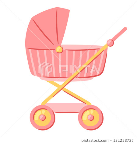 Illustration of baby carriage. New born baby girl Happy Birthday object. 121238725