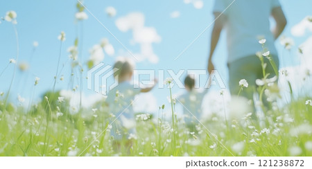 在夏日草地上散步的一家人的肖像 在夏日草地上散步的一家人的肖像 121238872