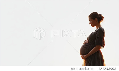 panoramic crop of pregnant woman touching belly isolated on white background, with copy space 121238908