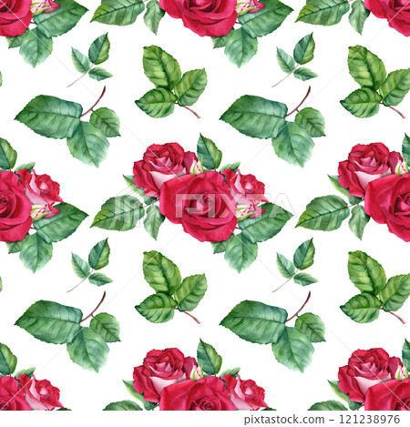 Repeat, seamless pattern with red rose flower blooms and buds. Botanical hand drawn watercolor illustration isolated on white background. For wrapping wallpaper fabric textile 121238976