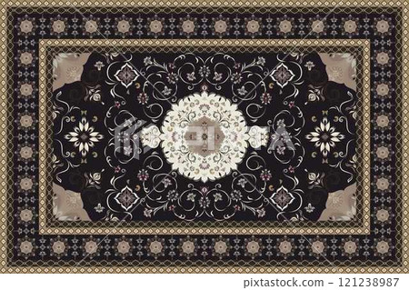 Vintage Arabic pattern.Persian colored carpet.Ikat ethnic style moroccan rug and carpet.Rich ornament for fabric design,handmade,interior decoration,rug,tapis,yoga mat,textiles.Multicolored background 121238987