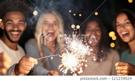 People holding sparklers celebrating outdoors at night, joy and happiness 121239024