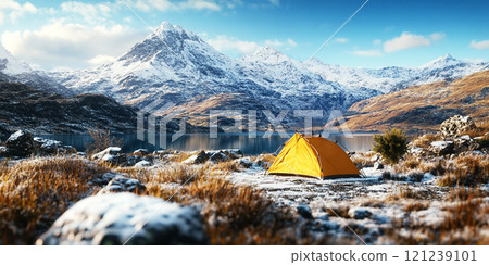 Camping tent at scenic wild campsite on a lake shore with mountain range in winter background 121239101