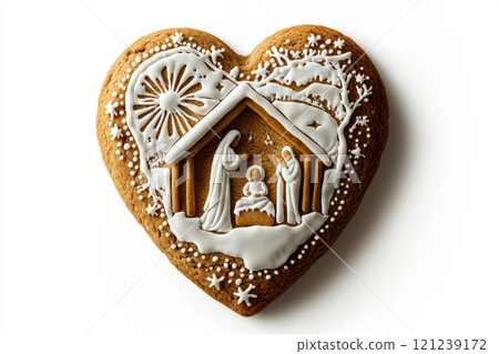 HeartShaped Gingerbread Cookie Delightfully Decorated with a Beautiful Nativity Scene Design 121239172