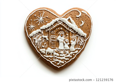 A delightful Gingerbread Heart adorned with a charming Winter Scene decoration to enjoy 121239176