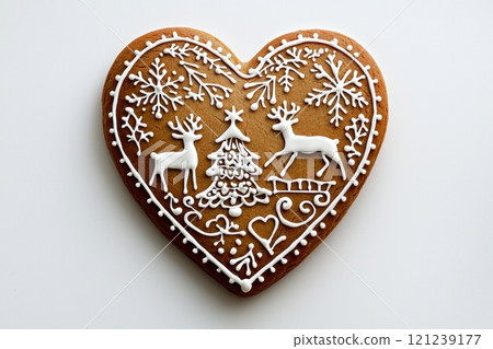 Delicious HeartShaped Gingerbread Cookie With Beautifully Festive Decorations on Top 121239177