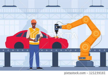 Process of automated car production. Machinery line with robotic hands. Black man Engineer in orange vest and protective helmet controls the process. Automobile factory. Vector illustration. 121239181