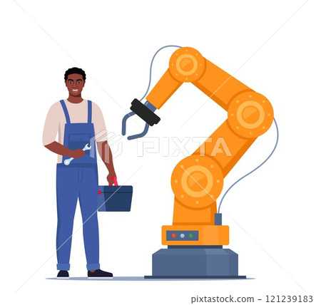 Robotic arm. Industrial tool mechanical robot arm machine hydraulic equipment. Black man repairing automated machine hand. Mechanic in uniform with toolbox and wrench in his hand. Vector illustration. Robotic arm. Industrial tool mechanical robot arm machine hydraulic equipment. Black man repairing automated machine hand. Mechanic in uniform with toolbox and wrench in his hand. Vector illustration. 121239183