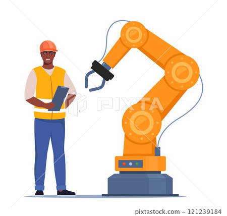 Robotic arm. Industrial tool mechanical robot arm machine hydraulic equipment automotive. Black man Engineer in orange vest and protective helmet controls the process. Vector illustration. Robotic arm. Industrial tool mechanical robot arm machine hydraulic equipment automotive. Black man Engineer in orange vest and protective helmet controls the process. Vector illustration. 121239184