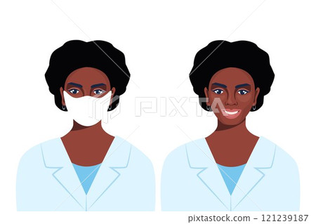 Black woman, doctor or nurse portrait in medical robe, who is wearing face mask, and without face mask. Vector illustration. Black woman, doctor or nurse portrait in medical robe, who is wearing face mask, and without face mask. Vector illustration. 121239187