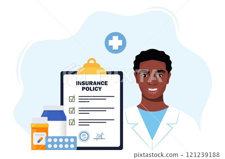 Health insurance concept. Insurance policy on clipboard, medical drugs, pills, black man doctor in medical robe. Check list with signature on board. Vector illustration. Health insurance concept. Insurance policy on clipboard, medical drugs, pills, black man doctor in medical robe. Check list with signature on board. Vector illustration. 121239188
