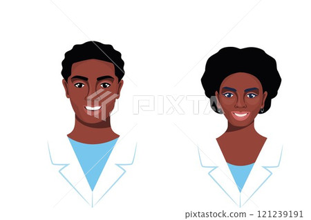 Medicine flat avatars set with black male and female doctors in medical robe. Medical clinic team. Vector illustration. Medicine flat avatars set with black male and female doctors in medical robe. Medical clinic team. Vector illustration. 121239191