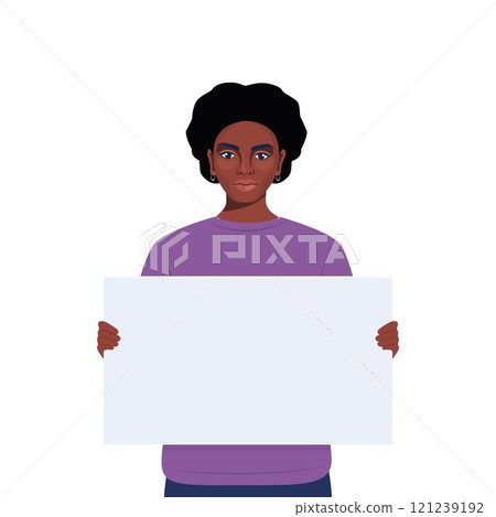 Black Woman holding blank protesting placard. Person with empty banner. Banner, manifesting activists demonstrating sign. Street demonstration concept. Political revolution, demonstrate. Vector. 121239192
