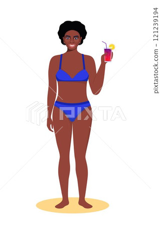 Black woman dressed in swimsuit standing on the beach with cocktail in her hand and smiling. Summer vacations. Beautiful sexy girl in bikini. Vector illustration. Black woman dressed in swimsuit standing on the beach with cocktail in her hand and smiling. Summer vacations. Beautiful sexy girl in bikini. Vector illustration. 121239194