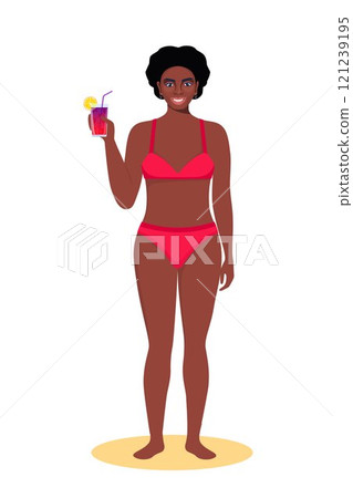 Black woman dressed in swimsuit standing on the beach with cocktail in her hand and smiling. Summer vacations. Beautiful sexy girl in bikini. Vector illustration. 121239195