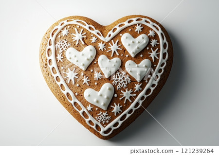 This is a delightful and decorative cookie shaped like a heart made from gingerbread 121239264