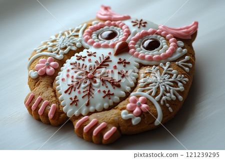 A delightful Owl Sugar Cookie with intricate, colorful icing that brings joy and attention 121239295