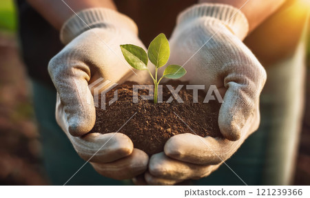 Woman gardener hands holding fertile soil with grown green seedling. Closeup palms wearing working gloves planting a fresh sprout. Bio food global supply. Eco farming concept 121239366