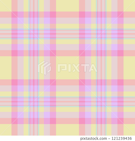 Gift paper tartan check plaid, trim textile pattern background. Ornate seamless fabric vector texture in light and pink colors. 121239436