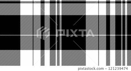 Cross plaid tartan fabric, occupation check textile texture. Outfit vector pattern background seamless in black and white colors. 121239474