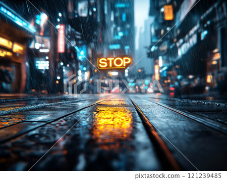 Illuminated neon sign on a wet urban street during heavy rain Illuminated neon sign on a wet urban street during heavy rain 121239485