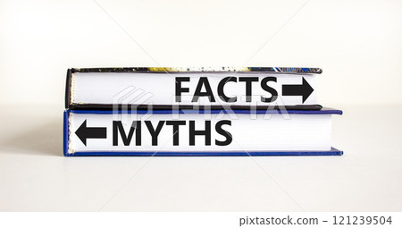 Facts or myths symbol. Concept word Myths and Facts on beautiful books. Beautiful white table white background. Business and facts or myths fact myth concept. Copy space. 121239504