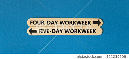 5 or 4 day week symbol. Concept word Five-day workweek or Four-day workweek on beautiful wooden stick. Beautiful blue table blue background. Business and 5 or 4 day week concept. Copy space. 121239506
