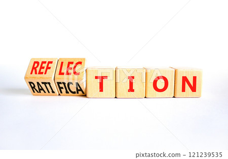 Ratification or reflection symbol. Concept words Ratification Reflection on wooden cubes. Beautiful white table white background. Business and ratification or reflection concept. Copy space. Ratification or reflection symbol. Concept words Ratification Reflection on wooden cubes. Beautiful white table white background. Business and ratification or reflection concept. Copy space. 121239535